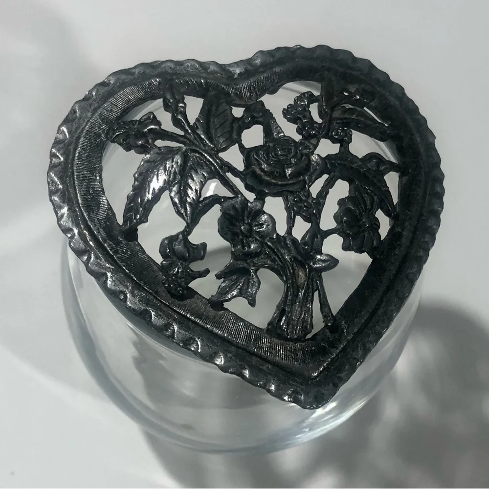 Vintage Pewter Glass Rose Heart Trinket Jar Jewelry Dish Goth Gothic Whimsigoth